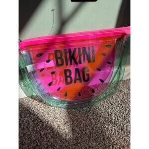 Watermelon Clear PVC Bikini Bag Pouch Glitter Lettering Neon Pink Zip